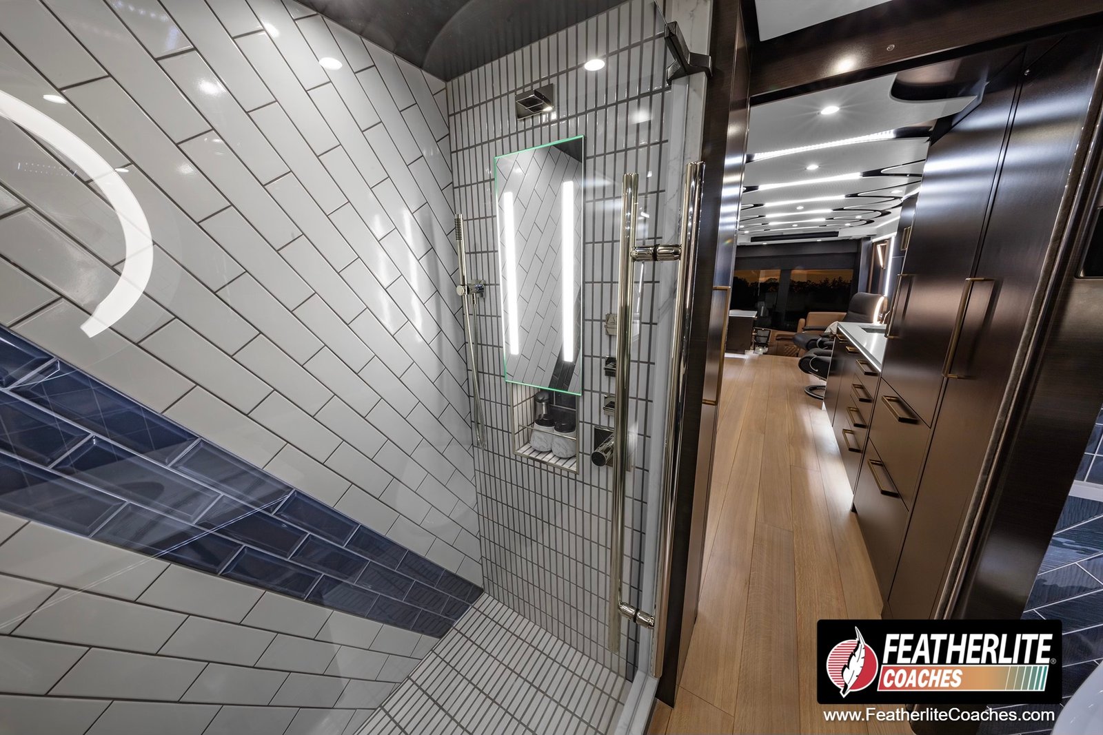 Coach 1356 | 2025 Featherlite Coaches Prevost | Mid Coach Bathroom Shower