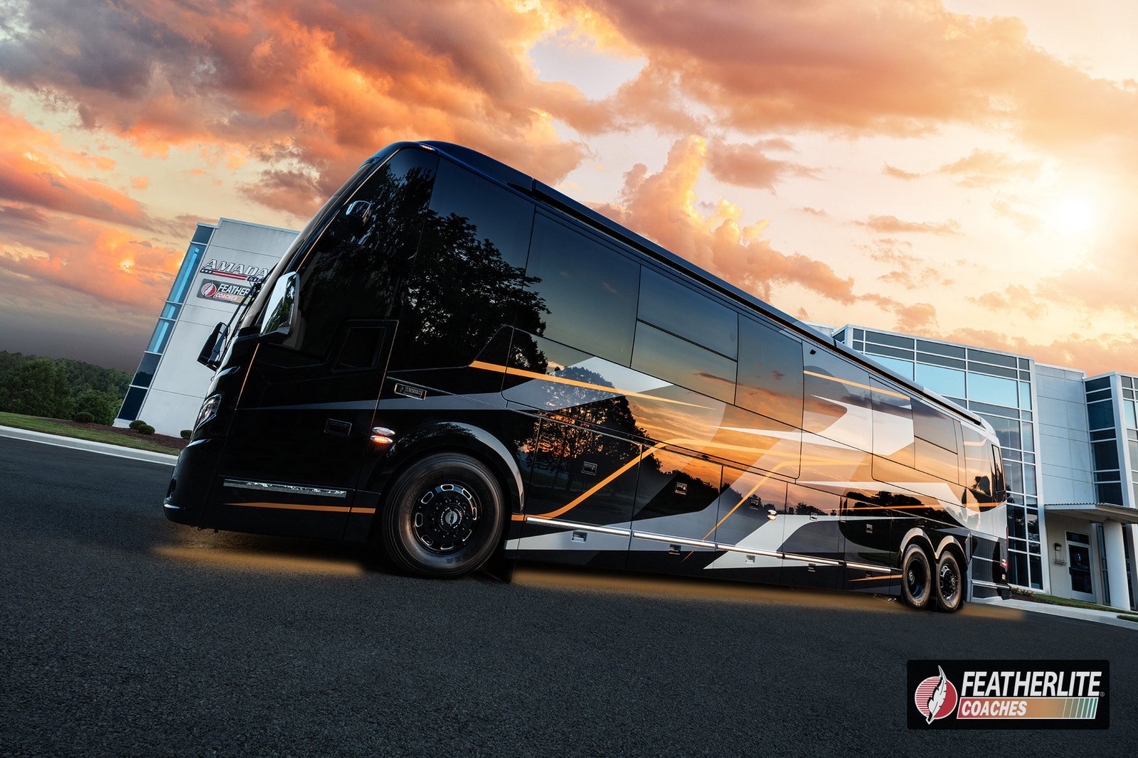 Exterior of Featherlite Durango coach with steel gray and copper paint scheme