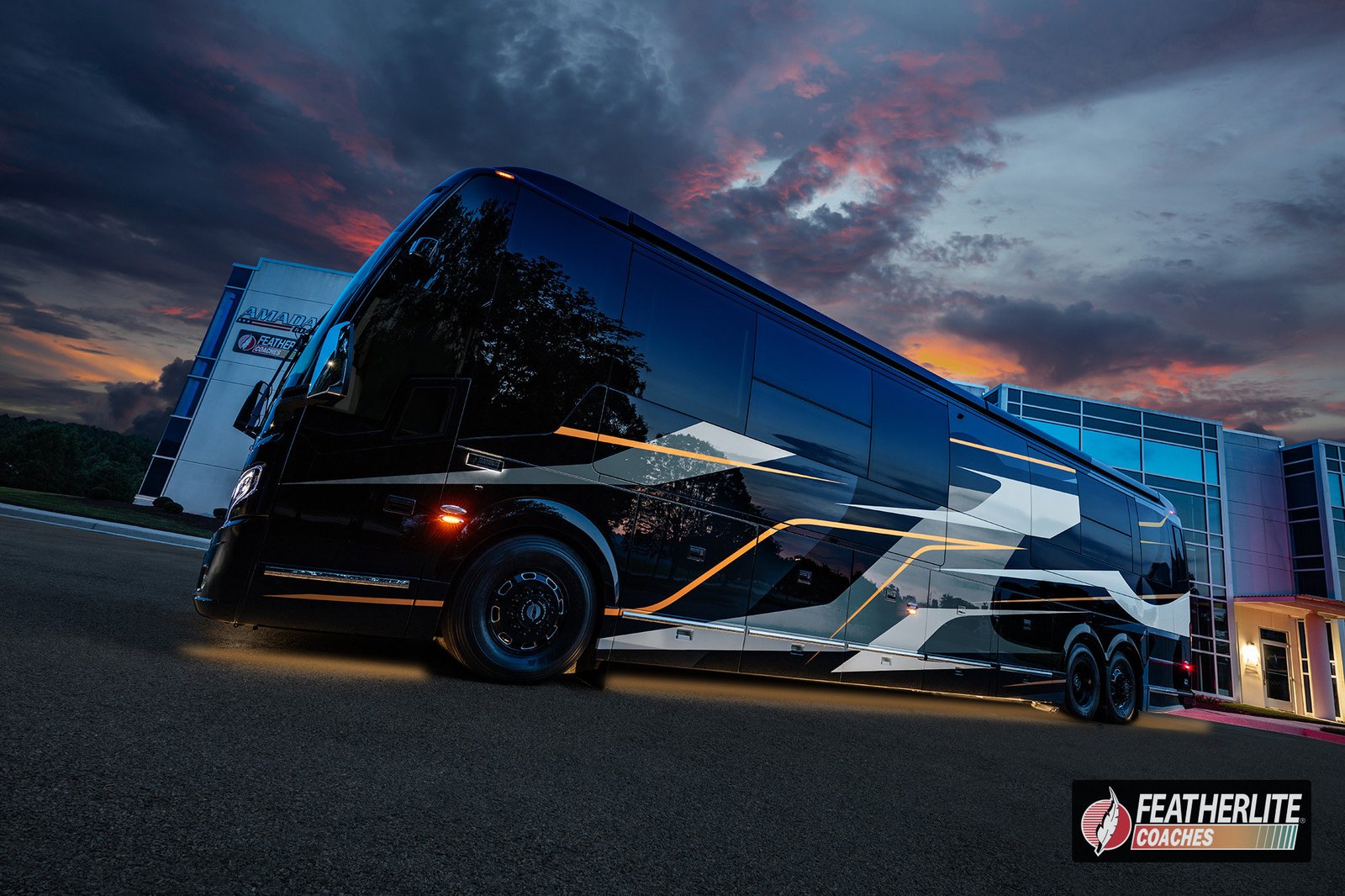 Exterior Dusk | 2026 Featherlite Prevost Coach 1751 Durango Triple Slide - Custom Luxury Motorhome
