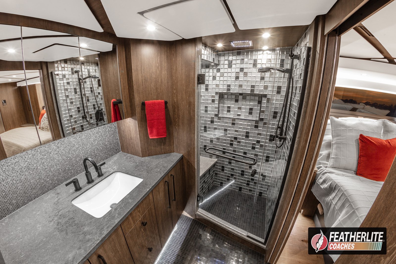 Coach 1819 "Misano" Primary Bath Shower | Featherlite Coaches Prevost Motorhome| Featherlite Coaches Prevost Motorhome