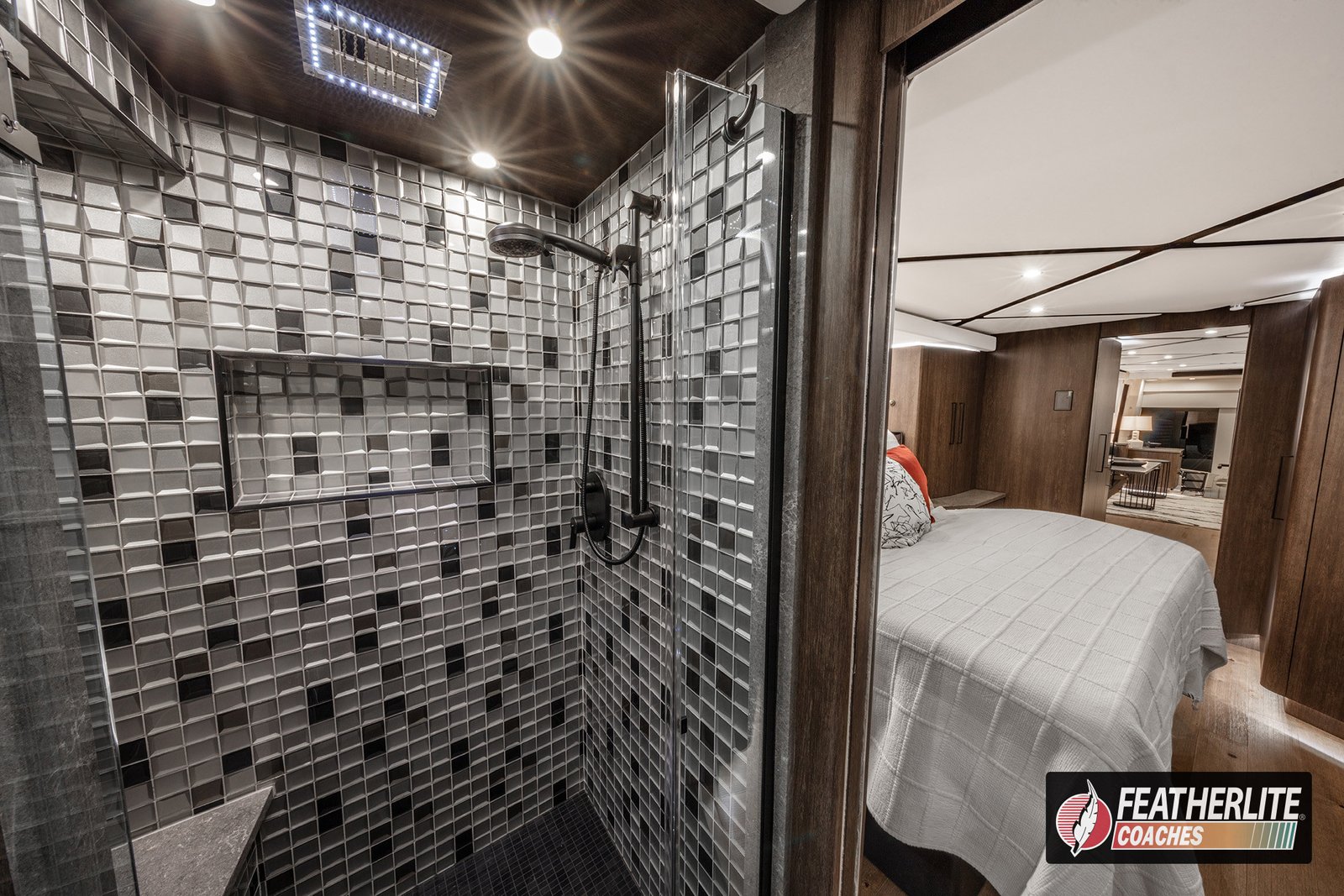 Coach 1819 "Misano" Primary Bath Shower | Featherlite Coaches Prevost Motorhome| Featherlite Coaches Prevost Motorhome