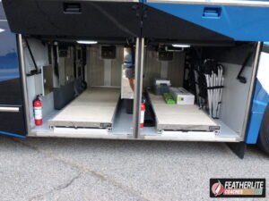 Prevost motorhome luggage bays showing large underfloor storage capacity