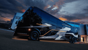 Prevost luxury motorhome exterior of "Durango" by Featherlite Coaches