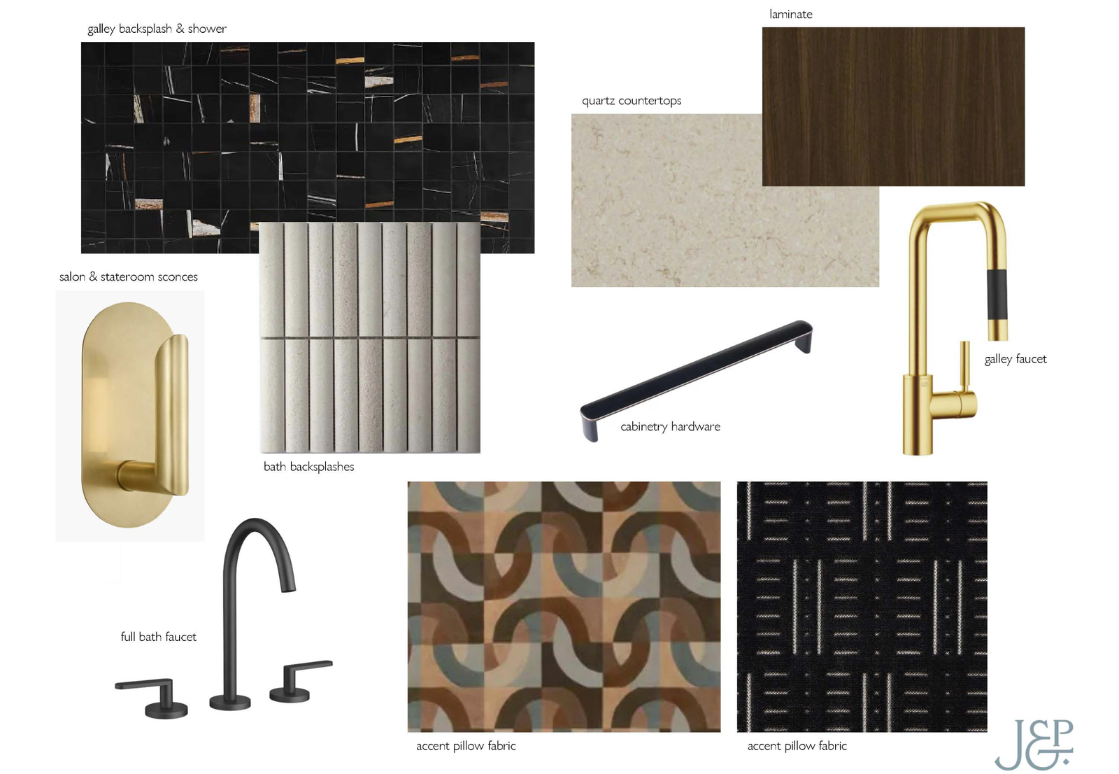 a sampling of 1919's interior design components like faucets, fabrics and tiles