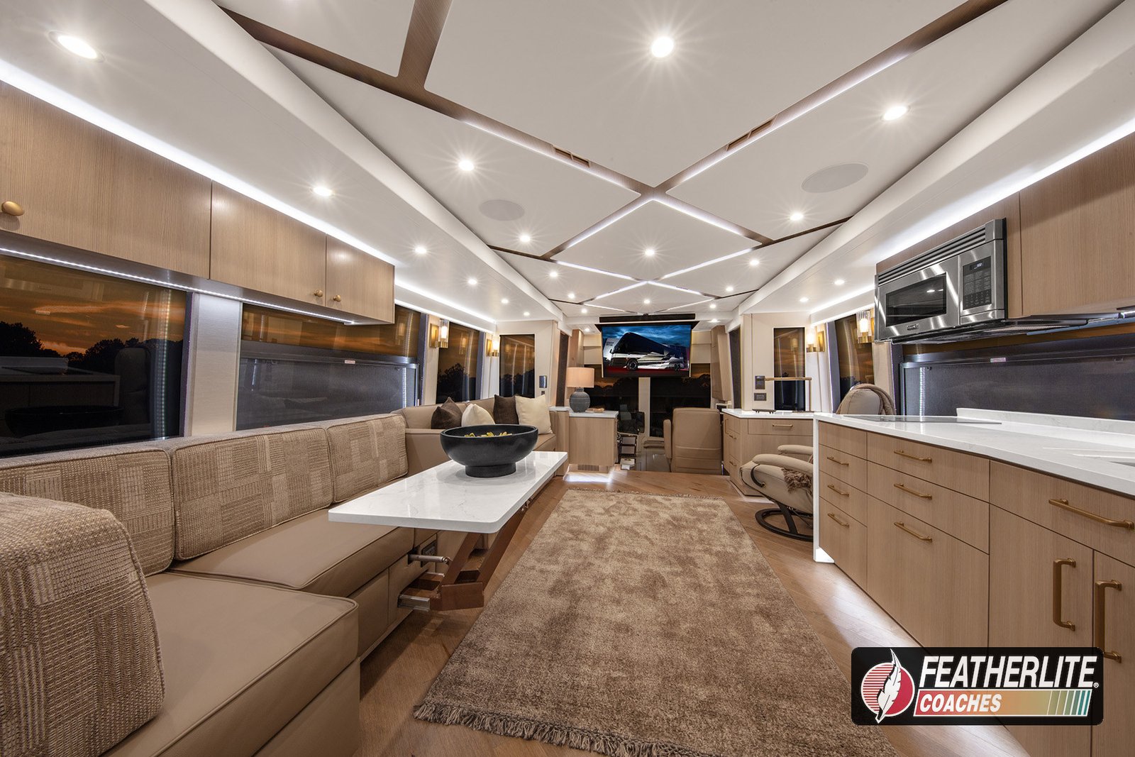 Luxury interior of a custom Prevost motorhome conversion
