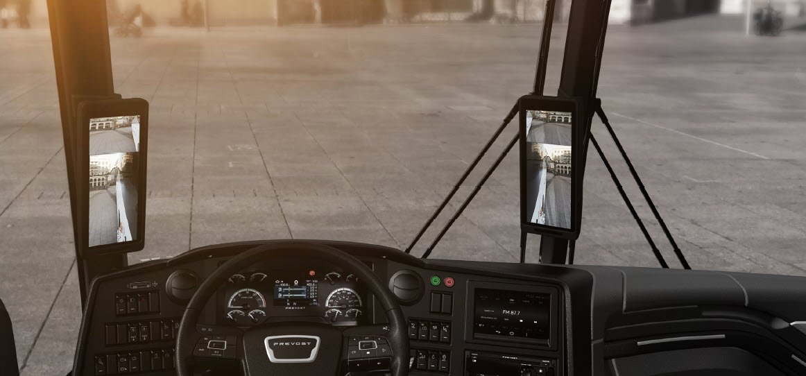 Inside the Prevost cockpit with e mirrors