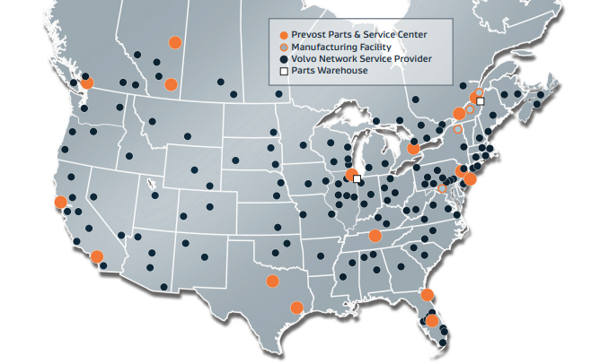 Prevost_Service_Network Prevost and Volvo extensive service network map
