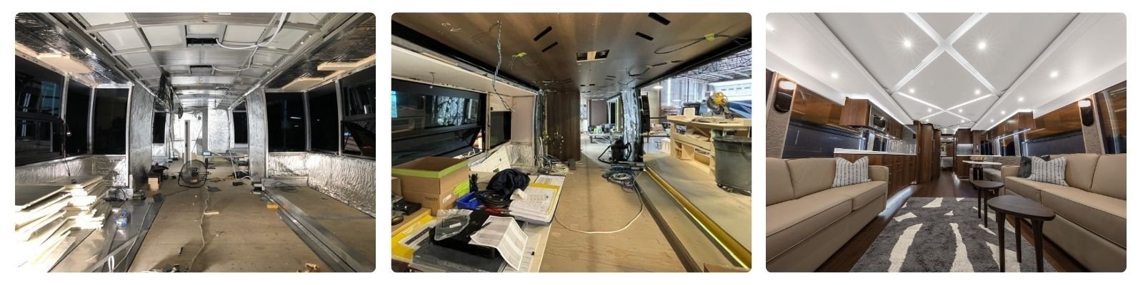 Progression from Prevost shell to finished custom Featherlite coach